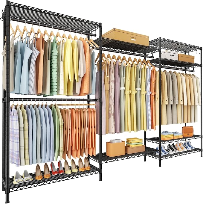 Ulif E13 Max Heavy Duty Clothes Rack（With 4 Hanger Rods & 8 Shelves） Freestanding Clothing Racks for Hanging Clothes，Adjustable Closet，Metal Garment Rack 86" W x16 D x77 H，Max Load 1100LBS，Black