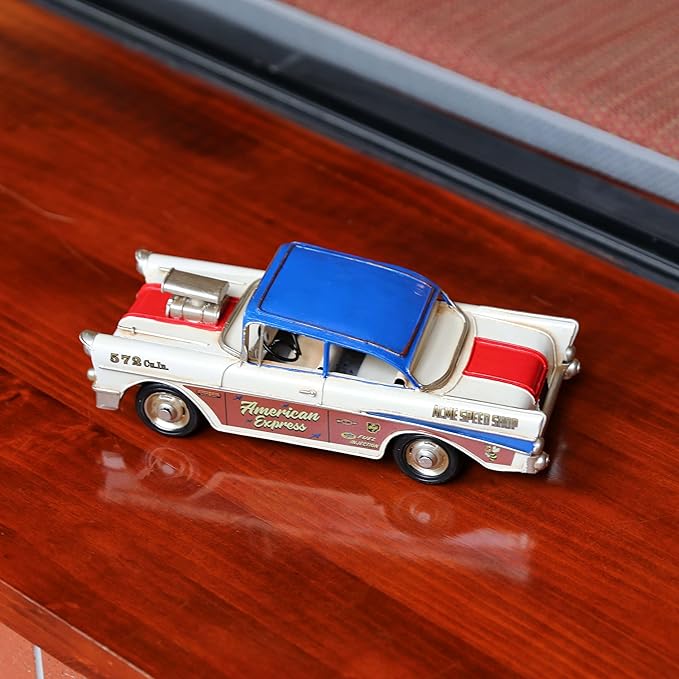 GENUINQ Vintage Classic Car Metal Model, 1950s Style Retro Racer Figurine with Raised Hood Scoop, Red White Blue Patriotic Livery, Man Cave Garage Decor & Collectible Gift