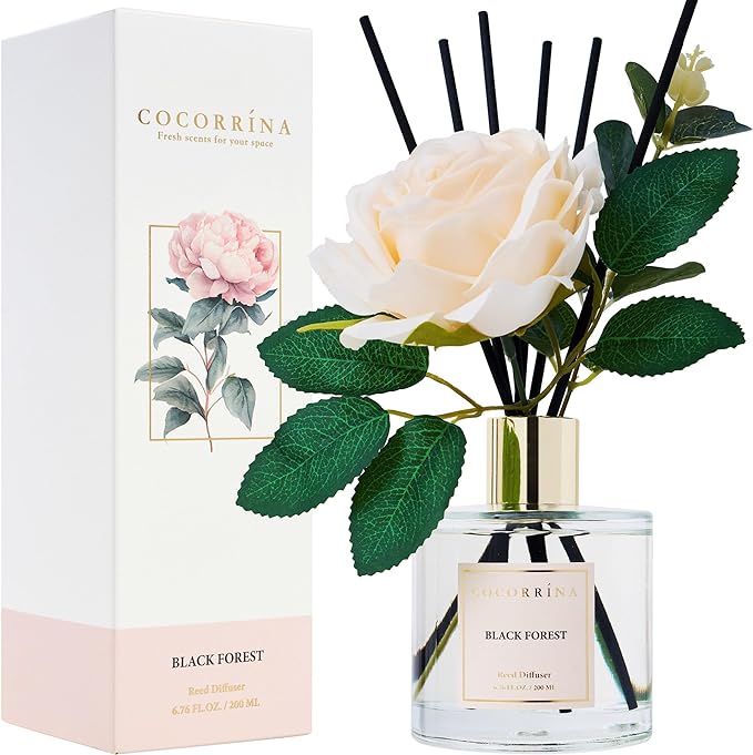 Cocorrina Reed Diffuser Set, Flower Reed Diffuser Black Forest 6.7 oz, Scented Diffuser with Sticks Home Fragrance Essential Oil for Bathroom Shelf Decor, Living Room, Large Room, 1pack