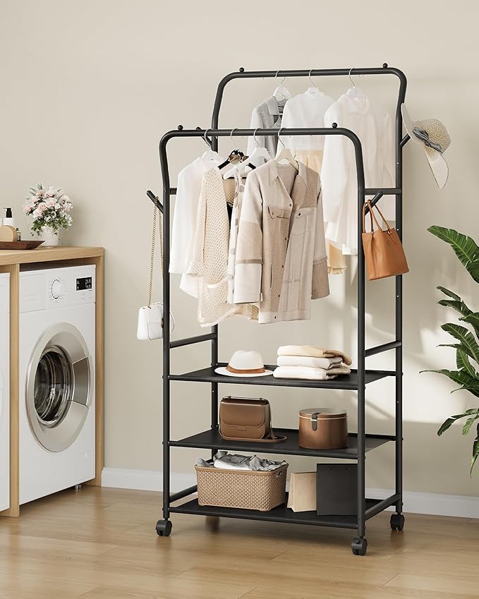 Clothes Racks for Hanging Clothes, Rolling Garment Rack, Clothing Rack with Wheels and Hooks, Double Rod Clothes Rack with Shelves, for Bedroom, Living Room, Laundry Room Black TYM07BB