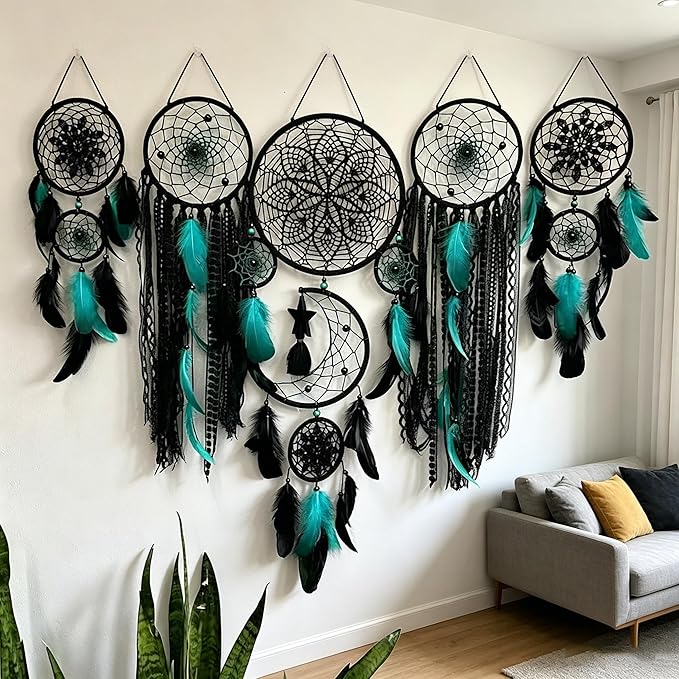 Set of 5 Boho, Hanging Large Boho Dream Catcher Wall Hanging Moon Dream Catcher Set Dream Catchers Wall Decor for Vintage Wedding Home Decorations (Black Blue)