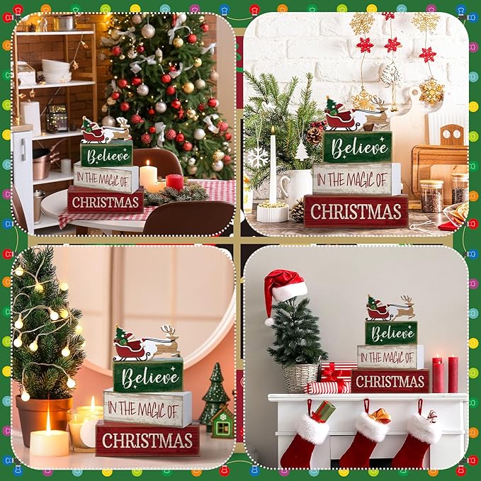 Lineshading 4 Pcs Summer Christmas Table Decoration Wooden Santa Claus Decor Christmas Tiered Tray Decor Decorative Santa Claus Elk Block Sign Gift Farmhouse Xmas Centerpiece for Home Kitchen Shelf