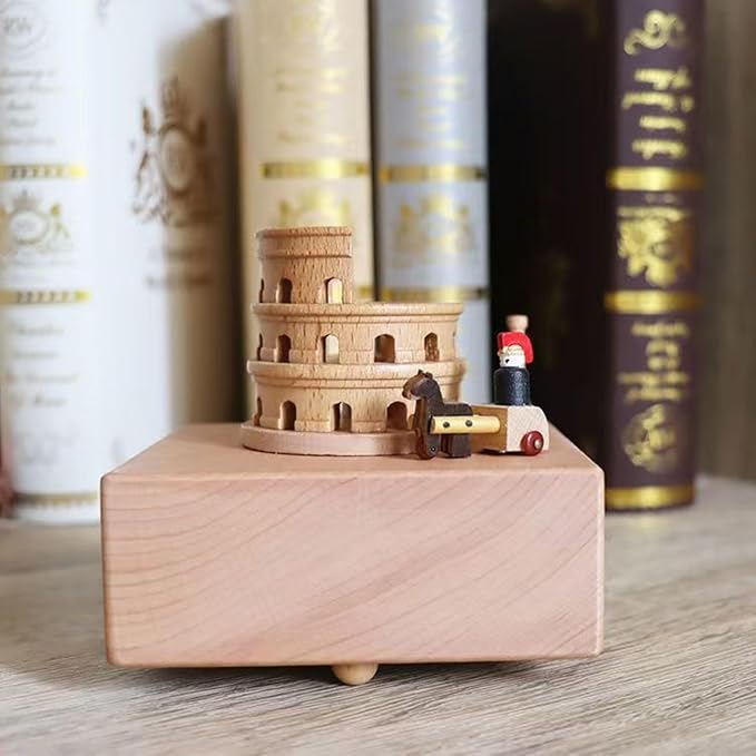 Natural Solid Wood Handcrafted Beech Wooden, Musical FigureTotoro/Carousel/Fairy/Ballerina Figurine,Rotating Hand Crank Mechanism Music Box,Musical Decorations (Colosseum)