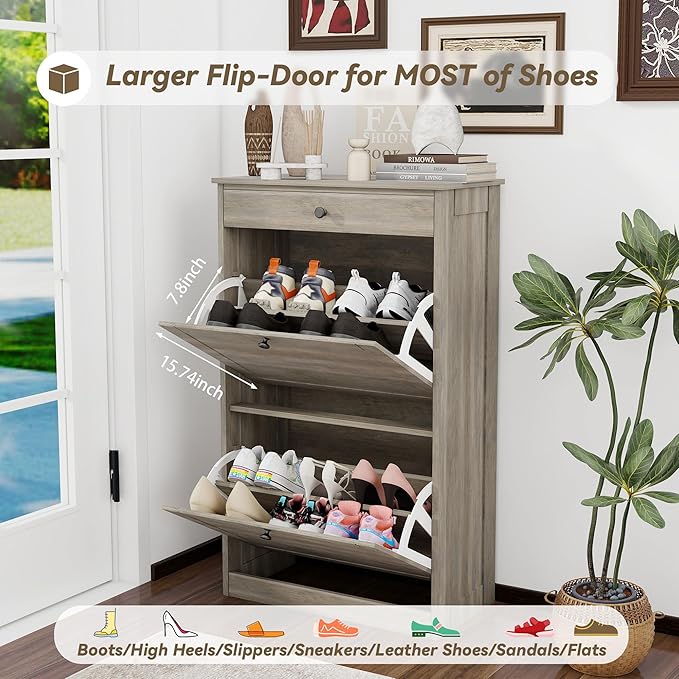Shoe Cabinet with 2 Flip Drawers, Narrow Freestanding Shoe Storage Organizer, Slim Wooden Hidden Shoe Rack for Front Door Entrance, Closet, Hallway, Living Room, Rustic Gray