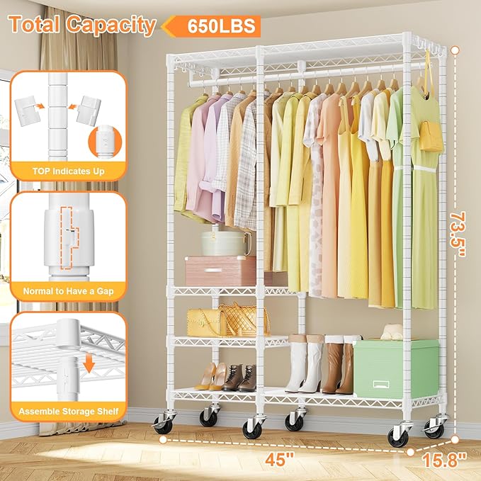 Ulif F4R Heavy Duty Clothes Rack（With Lockable Wheels ） Rolling Clothing Racks for Hanging Clothes，Adjustable Closet Organizer System，Portable Garment Rack 45"W x 15.8"D x 73.5"H，Max Load 650LBS，White