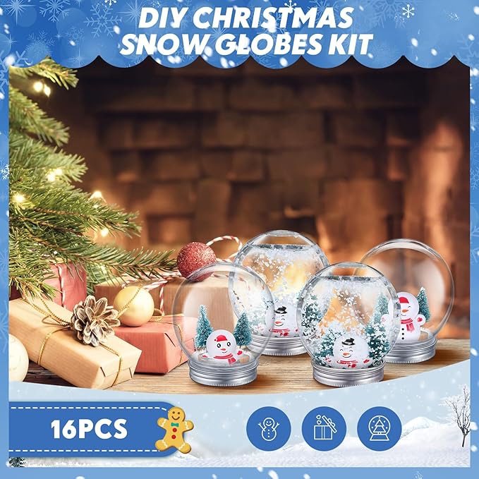 Jerify 16 Sets 3.58 Inch Christmas Plastic Clear Snow Globes Kit Water Globe with Screw Off Cap Artificial Christmas Trees Small Snowman Snowflakes for DIY Snow Globes Home Decoration Crafts