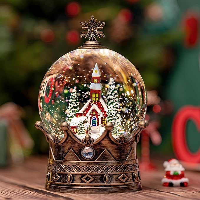 Christmas Snow Globe Lantern Water Glittering Churche Crown with Music, USB Lined/Battery Operated Lighted Lantern for Christmas Festival Decoration Gifts