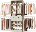Closet System, 4.2–8.8 FT Closet Organizer with 2 Wooden Drawers and Shelves, Walk-in Closet System with 5 Hang Rods, Built-in Reach in Closet Tower, Can Fit 60 to 96 inch, Greige Oak