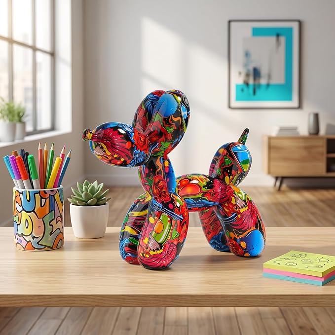 Resin Balloon Dog Sculpture - Collectible Figurines Decor for Home | Office Desktop Resin Decors Balloon Dog Decor (Graffiti Rose)