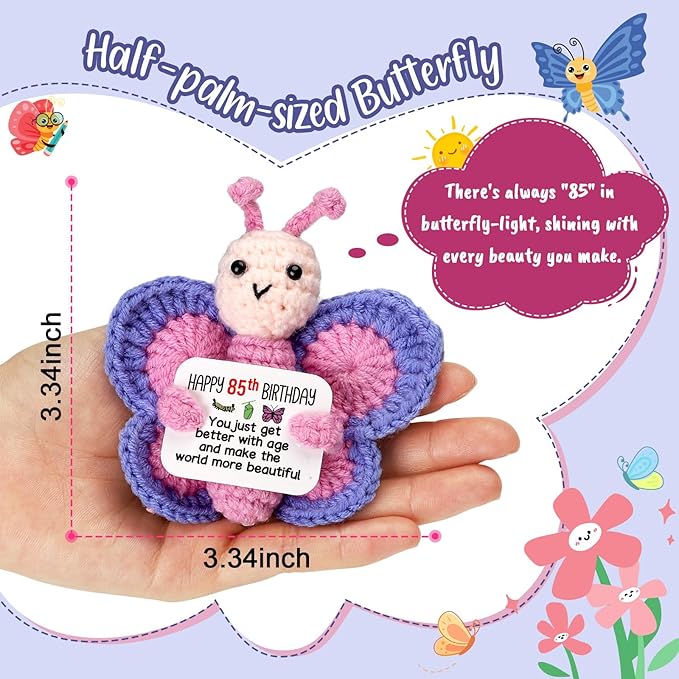 85th Birthday Gifts for Women, Tiny Crochet Butterfly Plush with Pink Purple Wings Holding Positive Note, Happy 85th Birthday Decoration & Gift for 85 Year Old Women