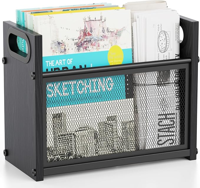 Magazine Rack Wood, Magazine Rack Floor Stand, Magazine Holder Storage Basket, Black File Storage Basket Box Bin Folder Organizer Stand for Letters, Magazines, Books, Newspapers