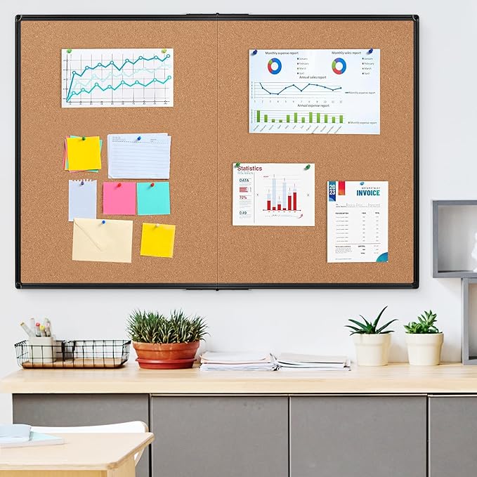 Extra Large Cork Bulletin Board 60" X 48", Foldable Notice Pin Board for Wall, Black Aluminum Framed 5'x4' Corkboard, Wall Mounted Noticeboard with 36 Push Pins for School, Home & Office
