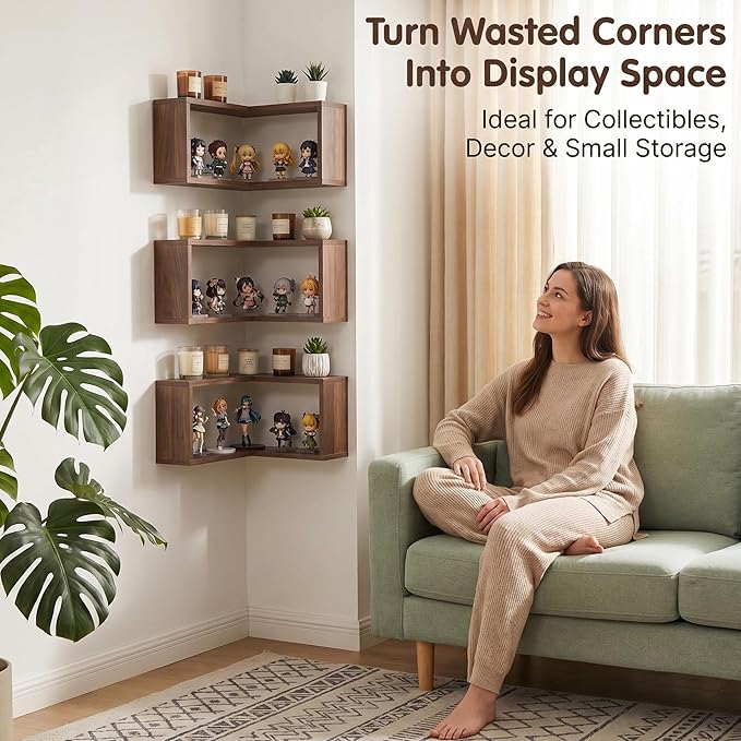 LIYAOLI Floating Shelves for Inside & Outside Corners Wall Shelves, Modern Wooden Corner Shelf Wall Mounted for Bedroom Living Room Bathroom Kitchen,Space Saving Wall Decor (Vintage - Set of 3)