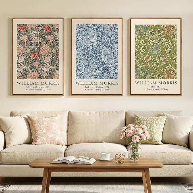 Large Framed William Morris Wall Art Set of 3, Vintage Green Botanical Floral Canvas Prints, Retro Classic Natural Pattern Paintings for Living Room, Bedroom, Dining Room, Hallway, Office Decor, Total Size 30x60 In