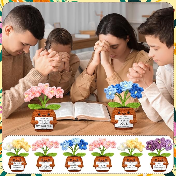 Wavwavw 6 Pcs Christian Gift for Women Inspirational Religious Gifts Positive Faith Scripture Crochet Handmade Bible Verse Crochet Doll with Prayer Card for Vbs Church(Forget Me Not)