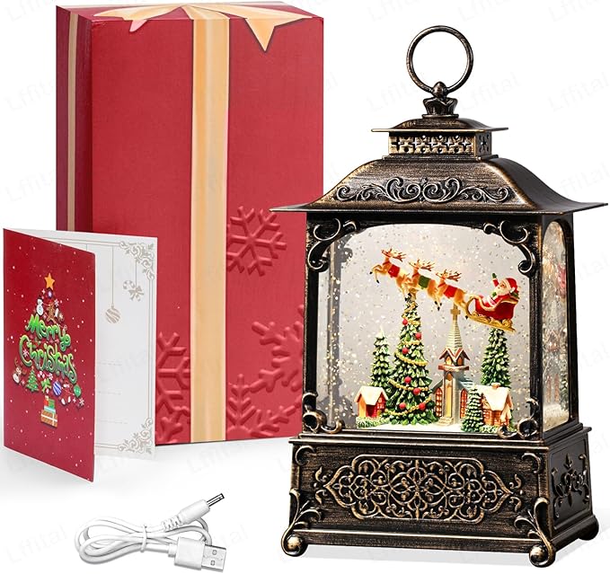 Christmas Snow Globes Church Snow Globe Lantern, Lighted Christmas Decorations Indoor for Home with Music Timer Glitter, Santa Claus Reindeer, Home Decor, USB & Battery Operated 10.4 inch