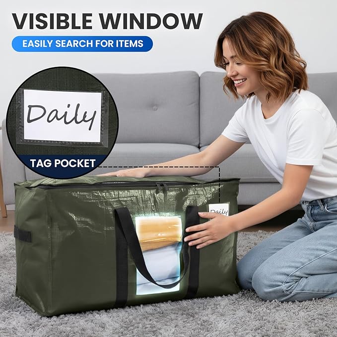 TAILI 12 Pack Green Extra Large Storage Bags, Heavy Duty Totes with Visible Window, Wrap Around Handles, Perfect for Moving and Storage