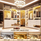 Corner Closet System with 2 Motion Sensor Lights, 39.2" Corner Closet Organizer with 12 Shelves, Closet Corner with 2 Hanging Rods, Versatile 6-Tier Walk-in Closets for Corner Space, White