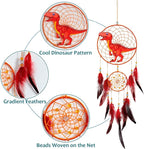 Basumee Dream Catcher for Kids Feather Dream Catchers Handmade Home Decor Wall Hanging with Double Ring for Nursery Bedroom Boys Room, Red Dinosaur