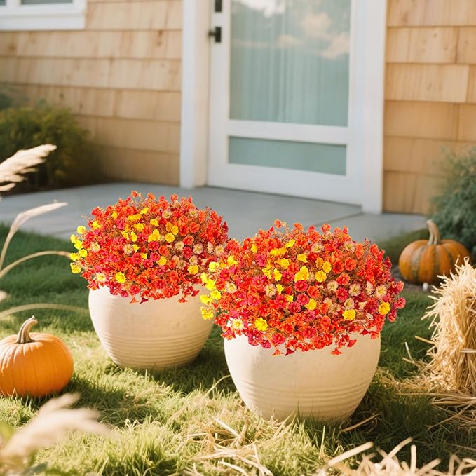 Fake Flowers Artificial for Outdoor Decoration Autumn Silk Flower UV Resistant, 12 Bundles Faux Morning Glory with Eucalyptus Greenery for Indoor Garden Planters Patio Window Home Decor, Mix