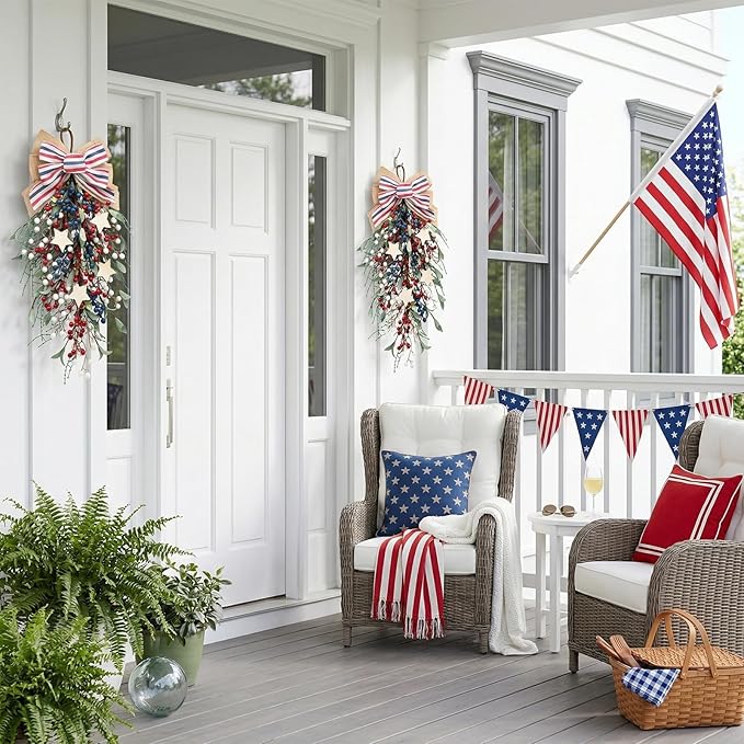 nuvagiki Patriotic Teardrop Swag Set of 2, Red White Blue Berry Front Door Decor, 4th of July Memorial Day Door Hanging Wreath, Rustic Farmhouse Independence Day Porch Decorations