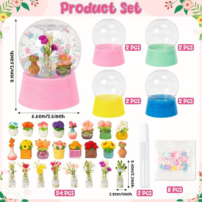 Spring Summer Snow Globes Craft Kit - 8 Set DIY Plastic Snow Globe Craft with Mini Resin Tulips, Make Your Own Graduation Party Decor with Glitter for Art Activity Gifts (Flowers)