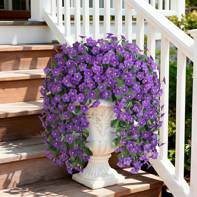 HyeFlora Artificial Faux Hanging Flowers for Outdoor Outside Spring Decoration, 2PCS Fake Silk Purple Daisy Plants UV Resistant Look Real Orchid Mums Vine for Front Door Porch Planter Balcony