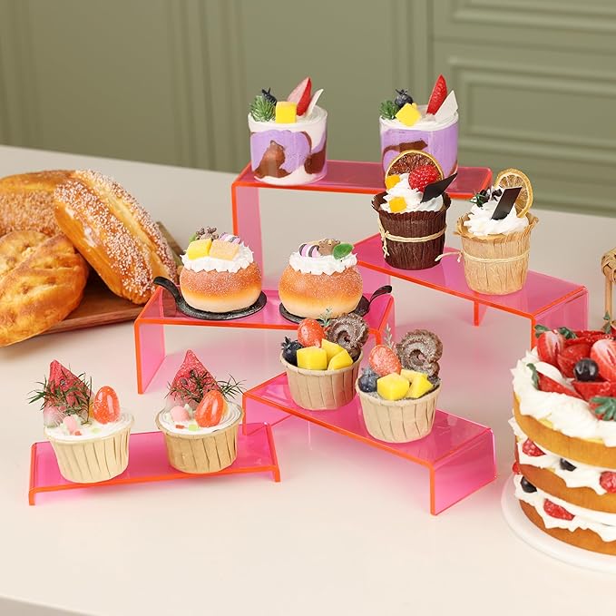 Goabroa Display Risers, 2 Sets 10 Pcs Perfume Stand Organizer, Rectangular Riser Shelves for Figures, Cupcake, perfume display, Wine Glass and Handbag display, Transparent Pink