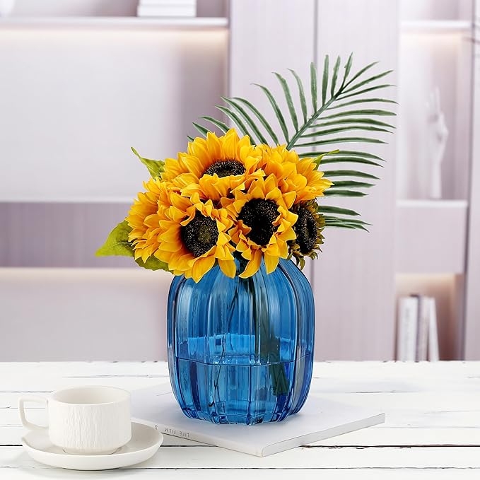 Blue Glass Vase for Flowers Bud Tall Glass Vases,H-8.0" Simple Striped Design for Home Floor Decor,Farmhouse Decor, Centerpiece Coffee Table Decorations (Blue 8.0IN)