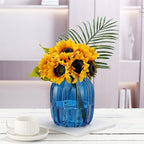 Blue Glass Vase for Flowers Bud Tall Glass Vases,H-8.0" Simple Striped Design for Home Floor Decor,Farmhouse Decor, Centerpiece Coffee Table Decorations (Blue 8.0IN)