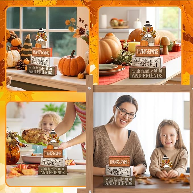 Lineshading 4 Pcs Fall Decoration for Home Wooden Turkey Decor "A Time to Be Thankful" Table Sign with Turkey & Pumpkin Topper, Thanksgiving Centerpiece Rustic Fall Tiered Tray Decor for Home Kitchen