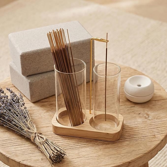 Incense Holder, 2 in 1 Wooden Incense Holder for Sticks with 20 Incense Sticks, Anti-ash Incense Burner with Glass Ash Catcher, Wood Incense Holder 20 Stick (2 in 1 Square)