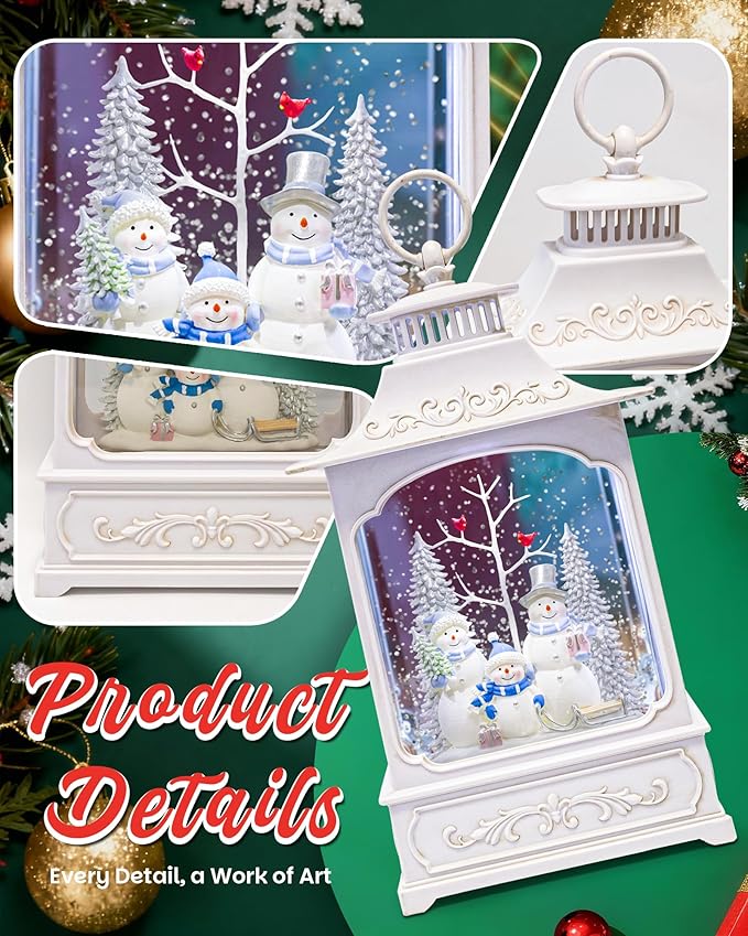Large Christmas Snowman Snow Globe Light up Lantern with 8 Songs, 9.84" White Christmas Snow Globes for Kids Adults, 6H Timer & Dual Power, Snowglobes Christmas Decorations Indoor Silver Blue Snowman