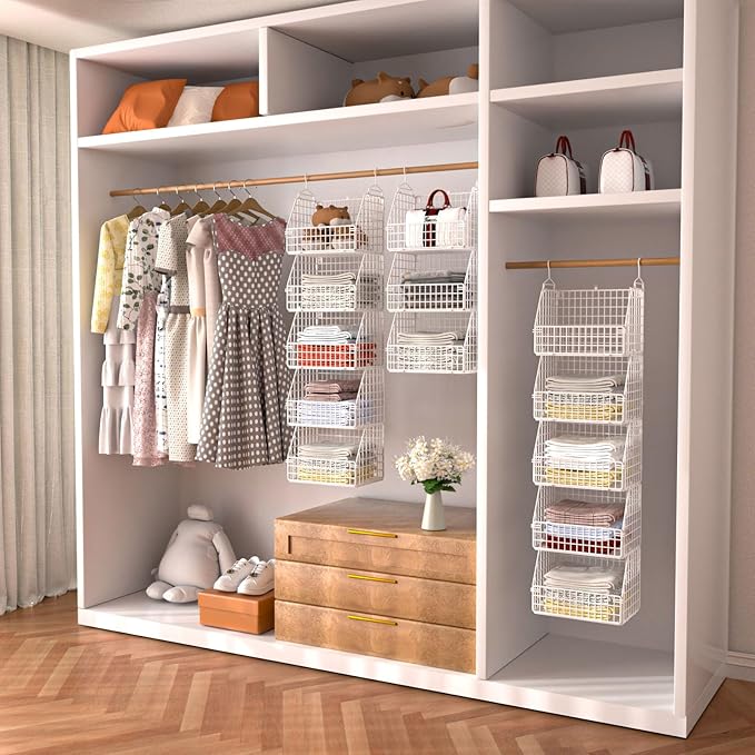 Hanging Closet Organizer and Storage, Clothes Hanging Shelves Wire Baskets for Clothing Sweaters Purse Handbags Shoes White 3 Tier
