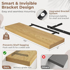 40 Inch Long Floating Shelves for Wall Set of 2, 12"D Wood Grain Bathroom Shelves with Invisible Brackets, Easy Install Engineered Wood Storage Shelves for Kitchen, Living Room, Bedroom, Oak Finish