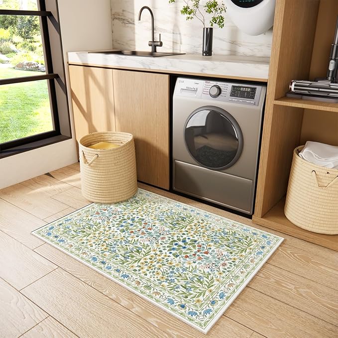 Washable Entry Rug 2x3 Feet, Non-Slip Indoor Entryway Bathroom Kitchen Mat, Vintage Floral Design Rug Perfect for Entryway Décor