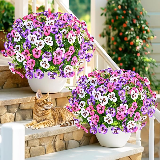 MARTINE MALL 12 Bundles Look Real Artificial Flowers for Outdoors, Realistic Fake Outdoor Flowers, UV Resistant Silk Pansy Flower for Outside Faux Flower Plant for Outdoor Porch Yard, Three Mix Colors