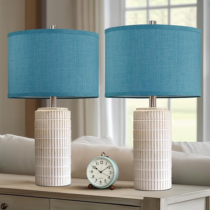 AIEAMPDO 23" Set of 2 Nautical Ceramic Nightstand Table Lamps, Blue | Side Table Lamps For Bedroom, Bedside, Living Room, Dining Room And Office, 2 LED Bulbs Included