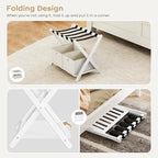 Fully Assembled Luggage Racks Set of 2 with 4 Foldable Cube Storage Bins, 26.77" Bamboo Luggage Rack Stand for Guest Room, 5 Nylon Straps, Suitcase Stand with Storage Shelf for Bedroom Hotel, White