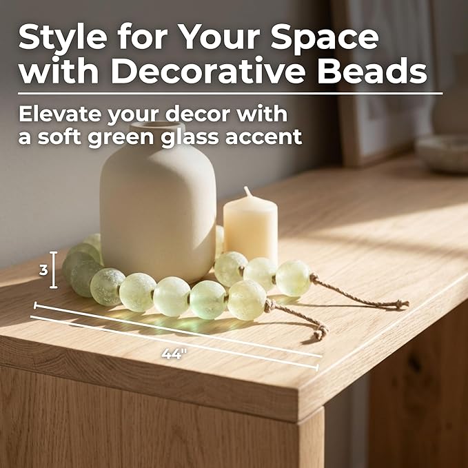 Modern Frosted Glass Bead for Home Decor and Bathroom - Refined Garland with Jute Cord Accent for Shelf and Coffee Table Styling - Light Reflective Piece for Office and Living Room - 3", Green