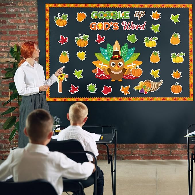 Thanksgiving Turkey Bulletin Board Decorations Set Thanksgiving Classroom Decorations Gobble Up God’s Word Fall Pumpkin Maple Leaf Cutouts for Autumn Harvest Christian Religious School Wall Decor
