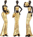 3 Pack African Art Sculptures- Vintage African Statues For Home Decor- Women's Tribal African American Figurines- Bookshelf, Office Decor- Deal For Birthday, Christmas, Thanksgiving, Mom Gifts-Gold