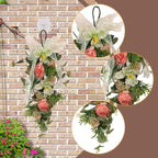 Fancyes Artificial Floral Teardrop Swag Wreath Front Door Swag Hanging Decoration with Hanging Loop for Fence Hotel Wall Party Favor