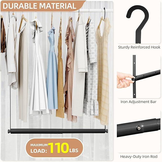 STORAGE MANIAC Adjustable Closet Rod Hanging Clothes Heavy Duty Closet Extender Hanging Rod Space-Saving Clothes Hanging Bar Double Closet Hanging Rod Hanging Closet Organizer Closet Bar,2 Pack Black