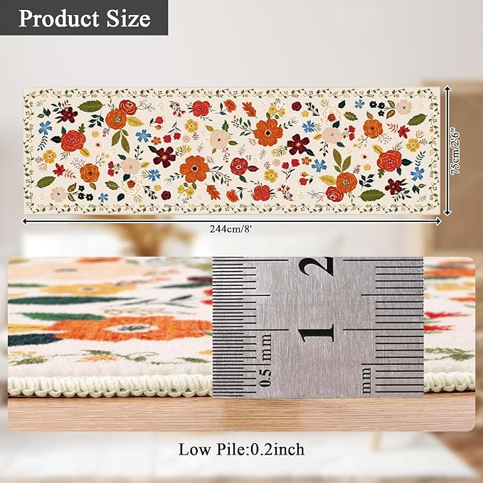 U'Artlines 2'6" x 8' Boho Runner Rug for Hallways Kitchen Colorful Floral Soft Non Slip Washable Floor Carpet Runners for Entryway Laundry Room Bathroom Beige