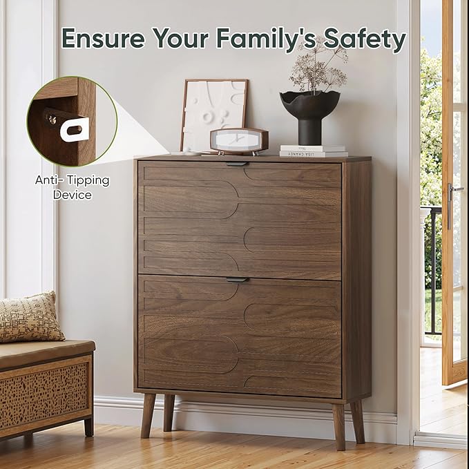 Shoe Cabinet with 2 Flip Drawers, Freestanding Shoe Storage Cabinet with Fluted Panel Design, Hidden Shoe Organizer Rack for Enterway, Hallway, Foyer, Walnut
