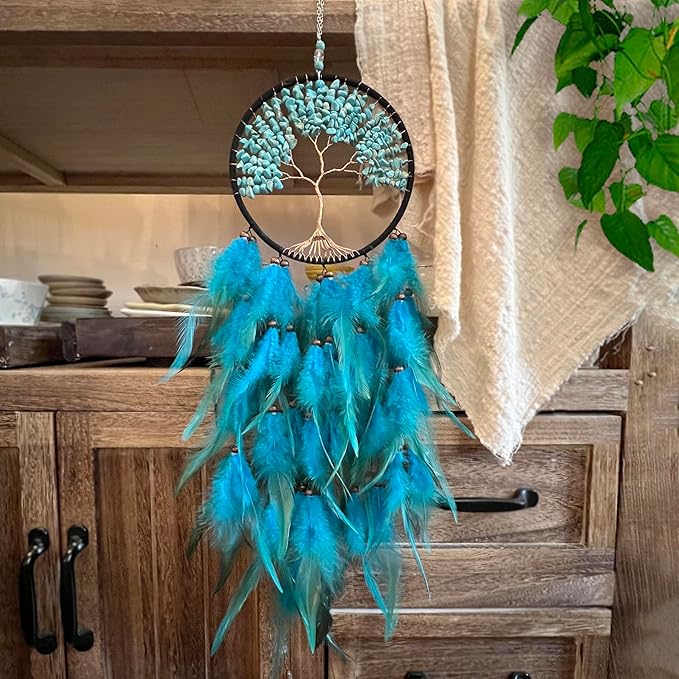 Dream Catchers, Dream Catcher Tree of Life Wall Decor, with Natural Healing Crystal Stone, Perfect Turquoise Handmade Dreamlike Dream Catcher for Bedroom Art Craft Gift