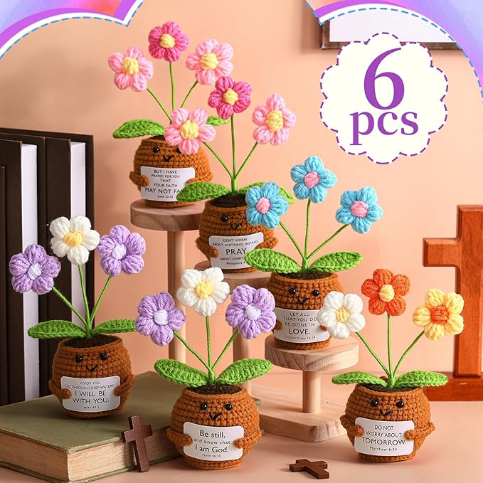 Wavwavw 6 Pcs Christian Gift for Women Inspirational Religious Gifts Positive Faith Scripture Crochet Handmade Bible Verse Crochet Doll with Prayer Card for Vbs Church(Puff)