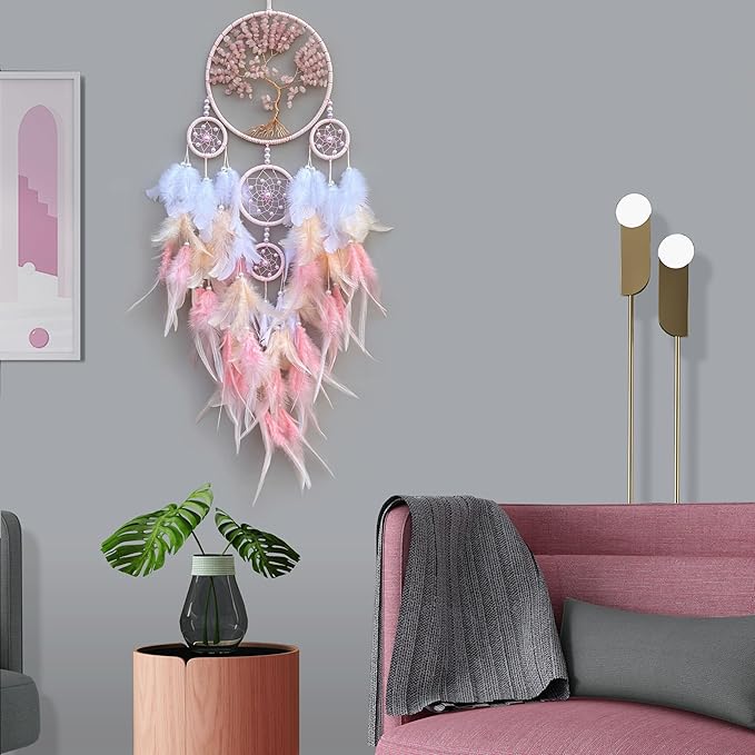 Large Pink Dream Catchers,Crystal Tree of Life Dreamcatcher,Perfect Pink Crystal Handmade Dreamlike Dream Catchers for Girls Bedroom Decor Art Craft Gift (Pink)