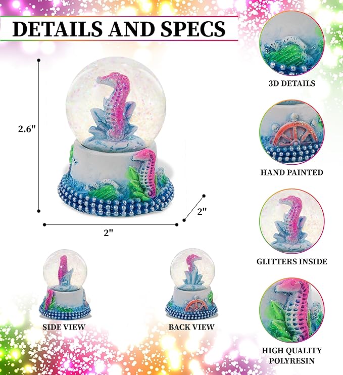 CoTa Global Seahorse Neon Snow Globe Decor - Elegant Pink Sparkle Glitter Inside The Snow Globe Figure, Animal Figurines for Kids and Adults, Collectible Snow Globes for Birthday, Christmas - 45 mm
